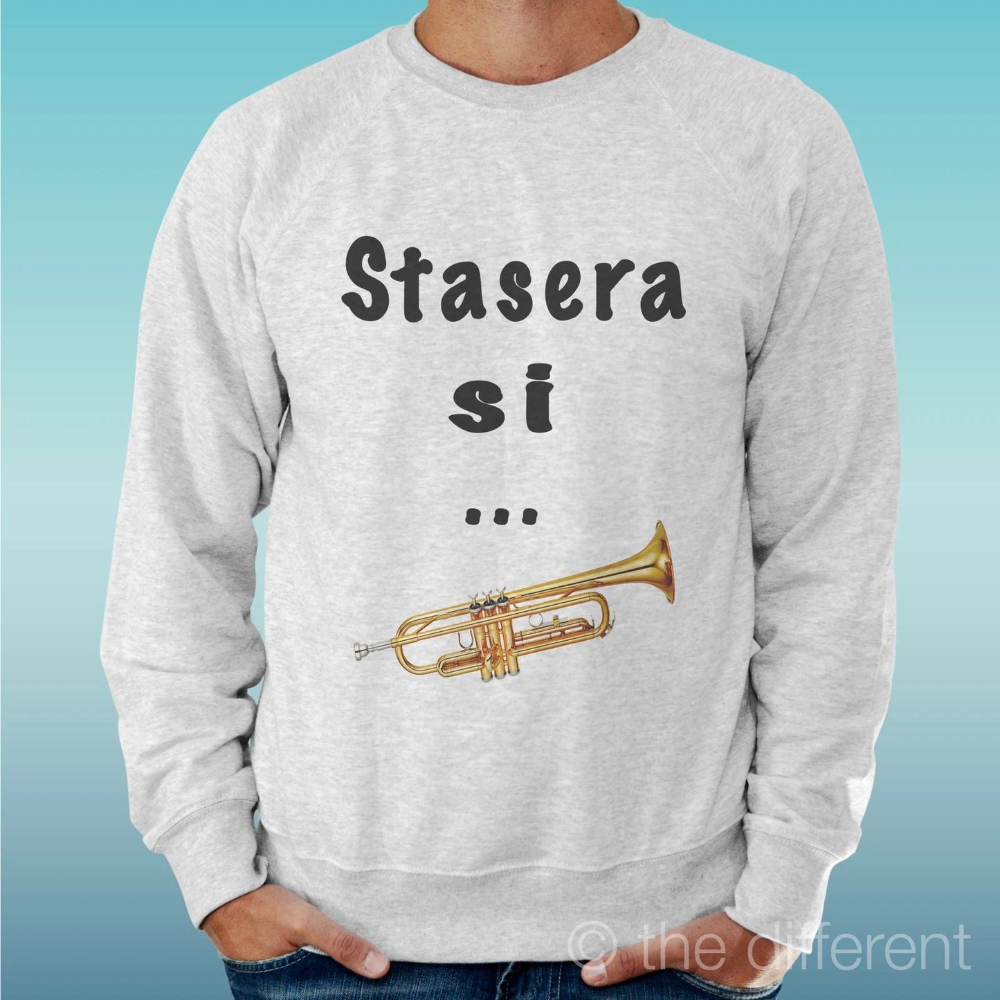 Felpa Man Light Sweater Light Grey " Stasera Si Tromba Funny Sentence " Unisex T-shirt, Sweatshirt, Hoodie, Long Sleeve Tee - T-Shirt, Sweatshirt, Hoodie