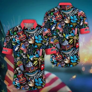 Miami Marlins Patriotic Tiki Hawaiian Shirt Unisex T-shirt, Sweatshirt, Hoodie, Long Sleeve Tee - T-Shirt, Sweatshirt, Hoodie