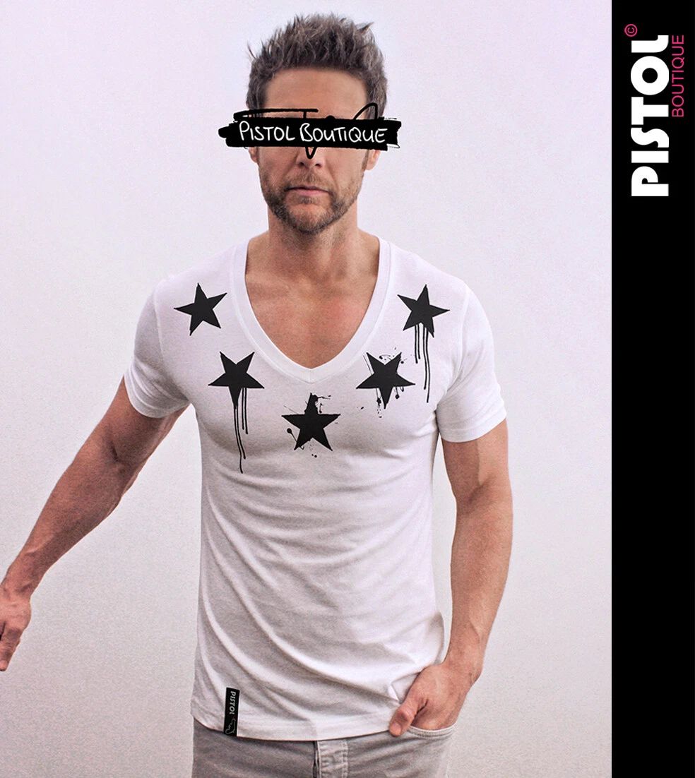 Pistol Boutique men's fitted White Deep V neck CHEST PAINT STARS T-shirt Unisex T-shirt, Sweatshirt, Hoodie, Long Sleeve Tee - T-Shirt, Sweatshirt, Hoodie