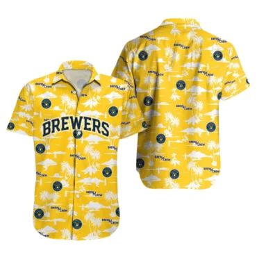 Milwaukee Brewers Yellow Palm Tree Hawaiian Shirt Unisex T-shirt, Sweatshirt, Hoodie, Long Sleeve Tee - T-Shirt, Sweatshirt, Hoodie