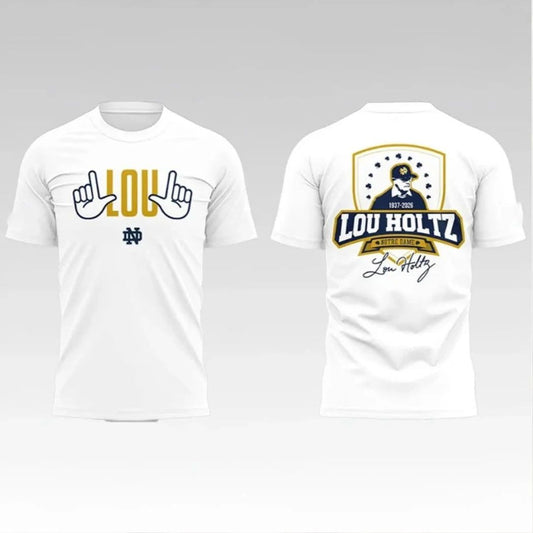 2026 Notre Dame Football Lou Holtz The Fighting Irish 2026 Notre Dame Football Lou Holtz 1937  2026 Signature Logo Two Sided Shirt - T-Shirt, Sweatshirt, Hoodie