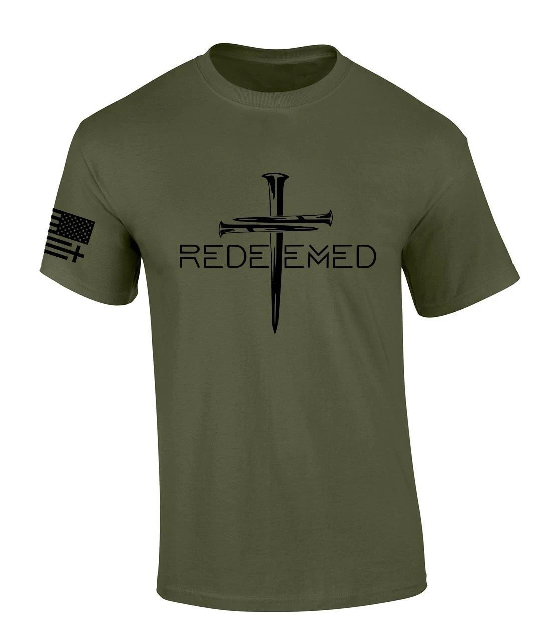 Redeemed Cross Nails Mens Christian American Flag Sleeve T-shirt Graphic Tee Unisex T-shirt, Sweatshirt, Hoodie, Long Sleeve Tee - T-Shirt, Sweatshirt, Hoodie