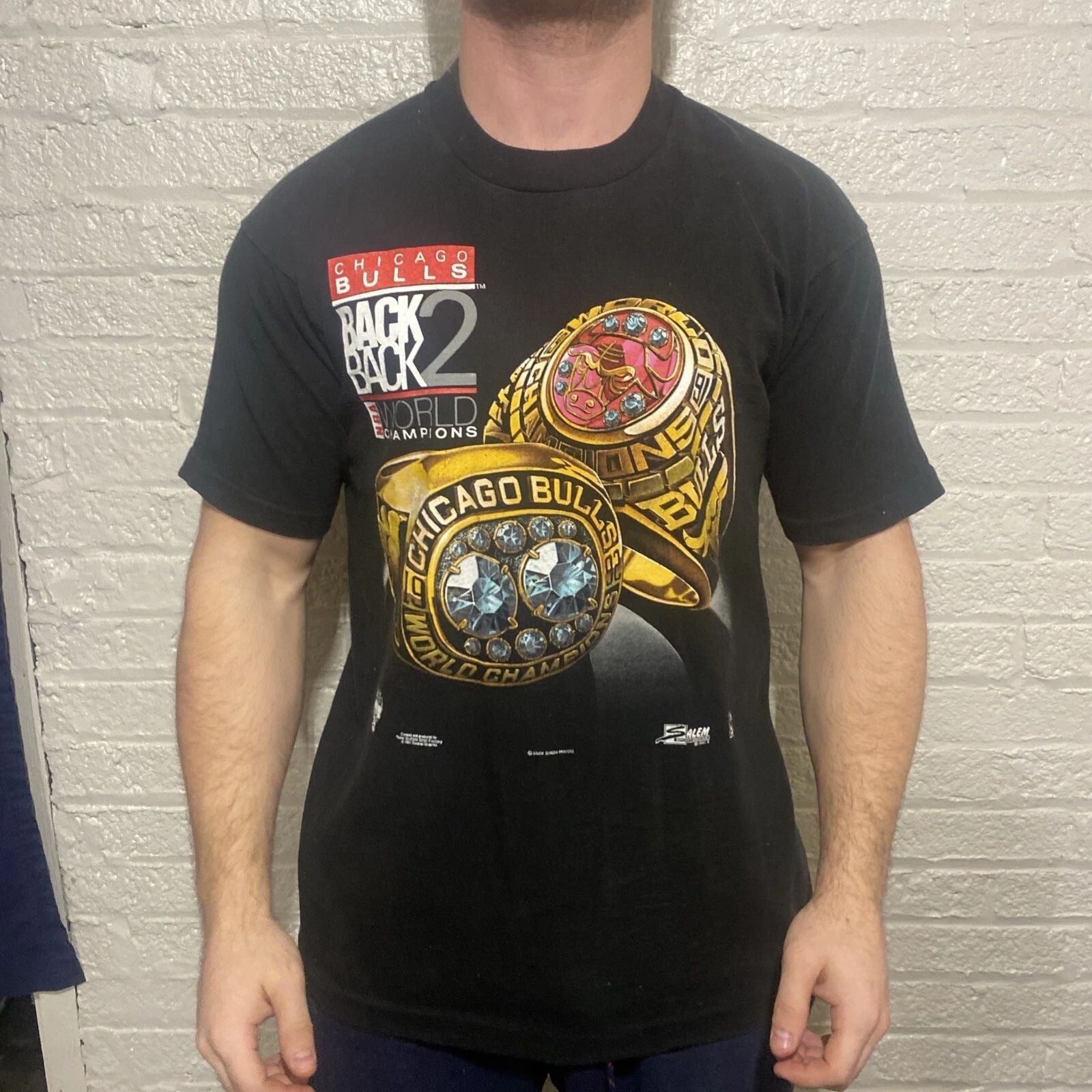 VTG 1992 Chicago Bulls Back 2 Back Rings World Champs T-Shirt Made USA Size L Unisex T-shirt, Sweatshirt, Hoodie, Long Sleeve Tee - T-Shirt, Sweatshirt, Hoodie