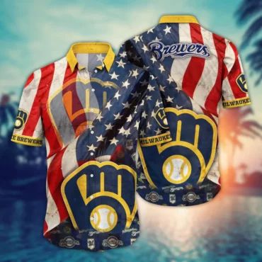 Milwaukee Brewers American Pride Hawaiian Shirt Unisex T-shirt, Sweatshirt, Hoodie, Long Sleeve Tee - T-Shirt, Sweatshirt, Hoodie