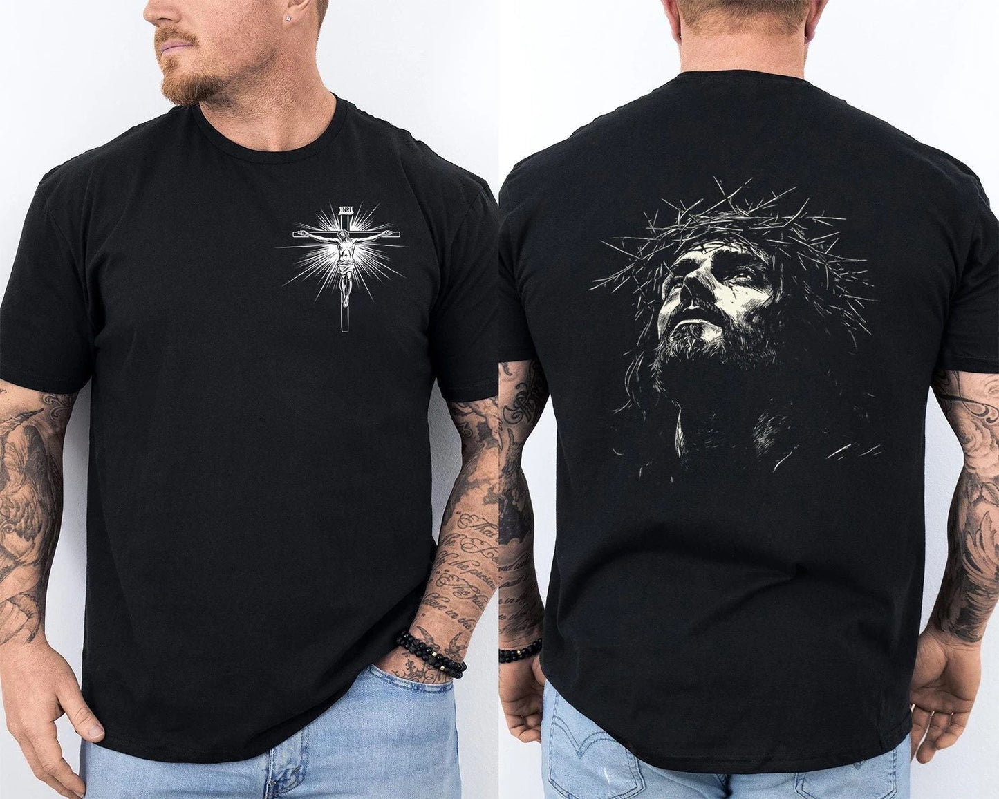 Jesus Christ Face With Crown Of Thorns Cross Faith Retro Front & Back T-Shirt Unisex T-shirt, Sweatshirt, Hoodie, Long Sleeve Tee - T-Shirt, Sweatshirt, Hoodie