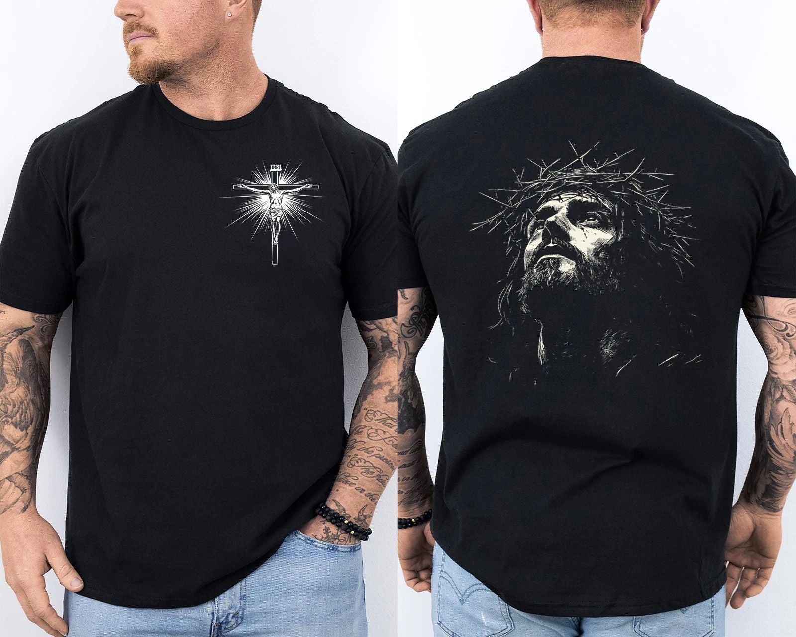 Jesus Christ Face With Crown Of Thorns Cross Faith Retro Front & Back T-Shirt Unisex T-shirt, Sweatshirt, Hoodie, Long Sleeve Tee - T-Shirt, Sweatshirt, Hoodie