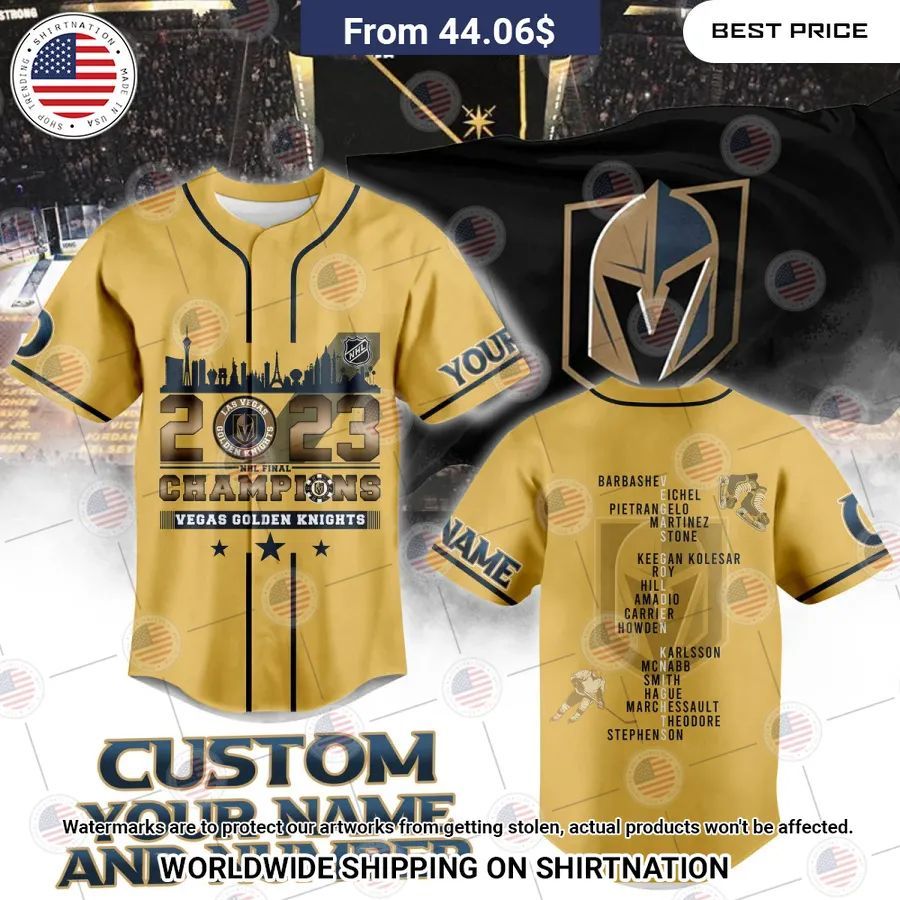 Vegas Golden Knights Stanley Cup Champions 2023 Custom Gold Baseball Jersey Unisex T-shirt, Sweatshirt, Hoodie, Long Sleeve Tee - T-Shirt, Sweatshirt, Hoodie