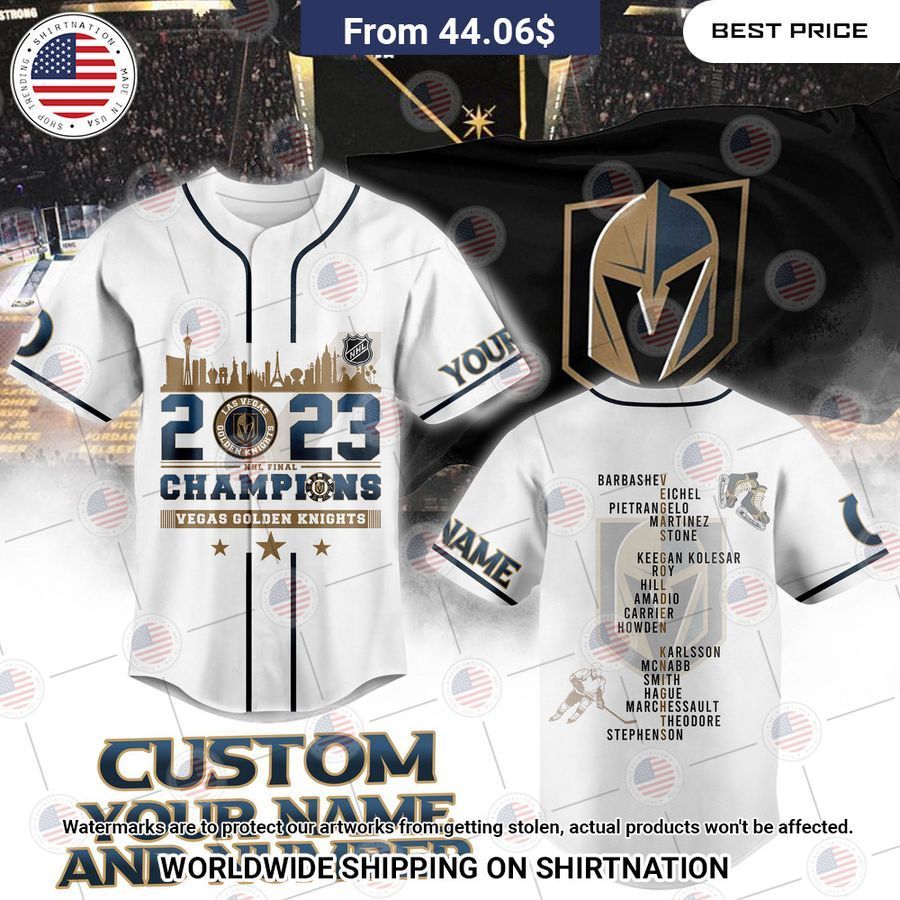 Vegas Golden Knights Stanley Cup Champions 2023 Custom White Baseball Jersey Unisex T-shirt, Sweatshirt, Hoodie, Long Sleeve Tee - T-Shirt, Sweatshirt, Hoodie