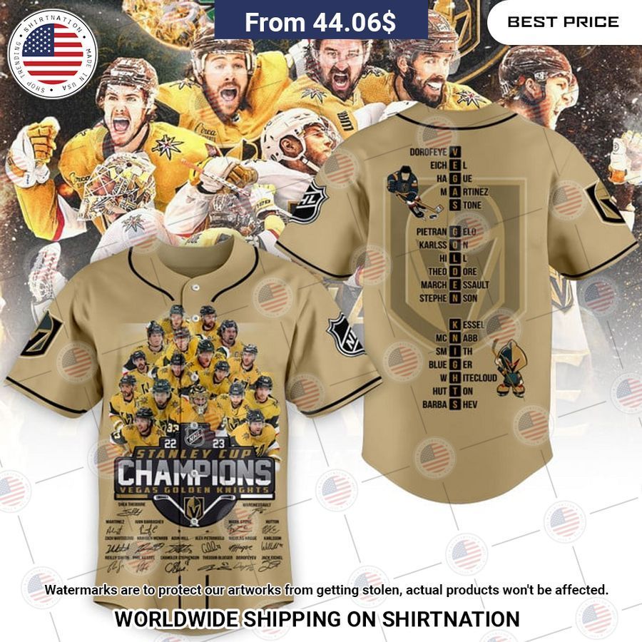 Vegas Golden Knights Stanley Cup Champions 2023 Gold Baseball Jersey Unisex T-shirt, Sweatshirt, Hoodie, Long Sleeve Tee - T-Shirt, Sweatshirt, Hoodie