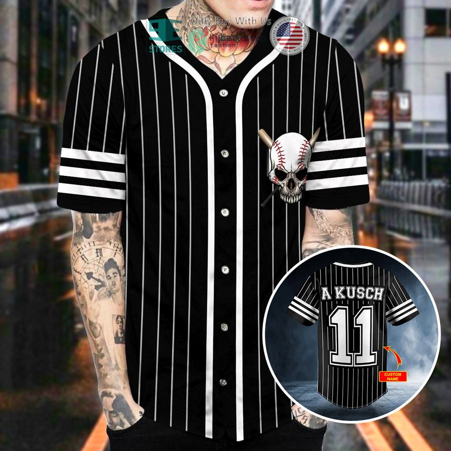 BEST White Black Stripes No 11 Skull Personalized Baseball Shirt Unisex T-shirt, Sweatshirt, Hoodie, Long Sleeve Tee - T-Shirt, Sweatshirt, Hoodie