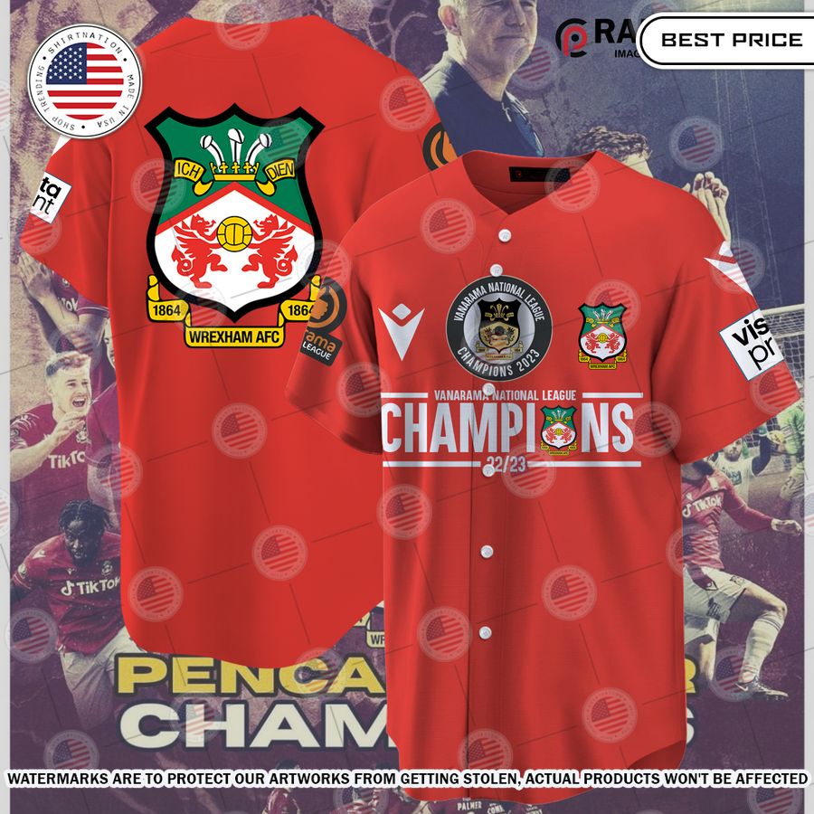 Wrexham AFC 22/23 Champions Red Baseball Jersey Unisex T-shirt, Sweatshirt, Hoodie, Long Sleeve Tee - T-Shirt, Sweatshirt, Hoodie