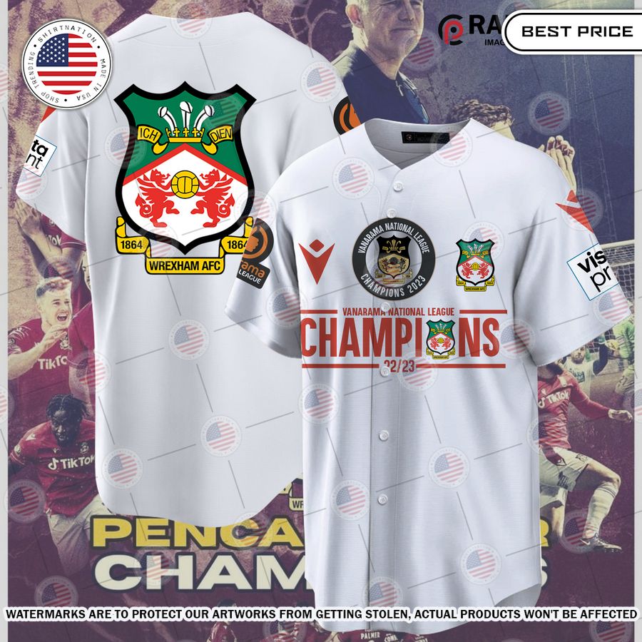 Wrexham AFC 22/23 Champions White Baseball Jersey Unisex T-shirt, Sweatshirt, Hoodie, Long Sleeve Tee - T-Shirt, Sweatshirt, Hoodie